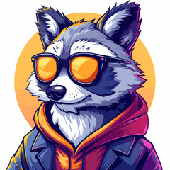 A raccoon wearing sunglasses and a hoodie. The raccoon is smiling and he is enjoying the sunny day