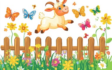 Fototapeta premium A playful goat leaps joyfully among colorful butterflies and blooming flowers in a vibrant garden setting