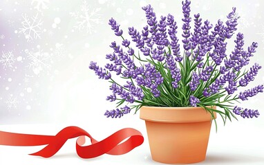 Obraz premium Lavender blossoms in a terracotta pot adorned with a festive red ribbon against a whimsical winter backdrop