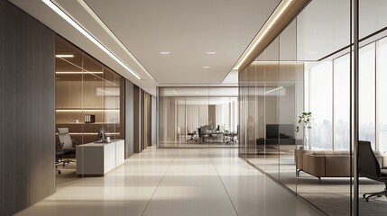 Sleek modern office interior, minimalistic design, glass walls, open space layout, neutral colors, contemporary furniture, natural lighting