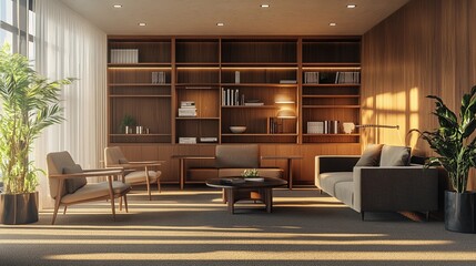 Stylish corporate office with a contemporary lounge area, wooden accents, comfortable seating, open shelving, minimal decor, clean lines