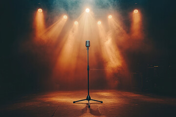 Concert stage with a microphone in the light of spotlights. Performance