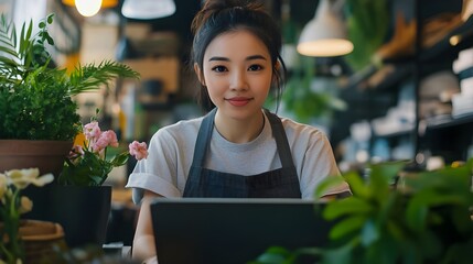 A young woman smiling behind the counter of a flower shop, representing small business and customer service.