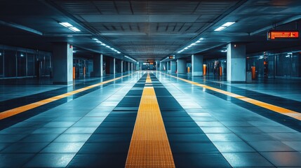 Empty Underpass with Yellow Lines and a Digital Display