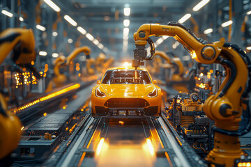 Fototapeta premium Revolutionizing Electric Vehicle Production: Cutting-Edge Aerial Car Factory 3D Concept with Automated Robot Arm Assembly Line and High-Tech Green Energy.