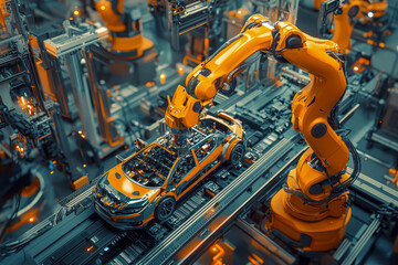 Revolutionizing Electric Vehicle Production with Advanced Aerial Car Factory 3D Concept: Automated Robot Arm Assembly Line for High-Tech Green Energy Vehicles