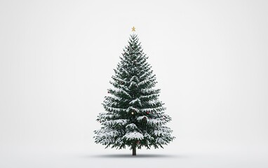 Fototapeta premium A beautifully decorated snow-covered Christmas tree stands proudly against a pure white background, capturing the spirit of holiday cheer