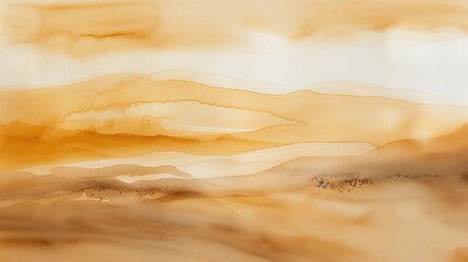 A tranquil abstract landscape painting in warm earthy tones with flowing lines and distant hills.