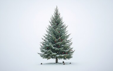 A beautifully decorated Christmas tree stands in a serene snowy landscape, capturing the essence of winter festivities