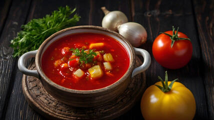 Traditional Ukrainian vegetables vegetarian red soup. Ukrainian borsh with garlic, pepper, on a black wooden table,. Tomato soup.