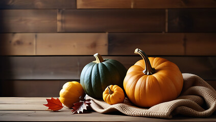 thanksgiving still life pumpkins acorn squash blanket fall leaves rustic wooden 
