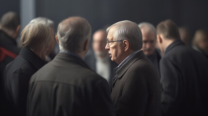 extreme close detail view of a group of people talking with serious faces insidie a modern auditorium church