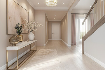 Chic and Sophisticated: A Stylish Entryway with White and Gold Accents, Blush Pink Touches, and Modern Lighting
