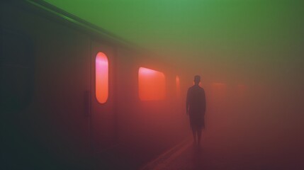 A silhouetted figure stands amid mist in a subway, surrounded by vivid green and red lighting effects.