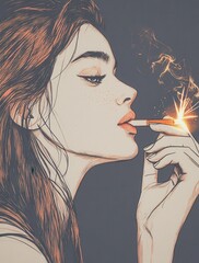 Obraz premium drawing of an attractive woman lighting up her cigarette, with the light glowing