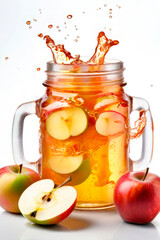 Apple juice jar with slices, splashes and drops. Whole apples and halves on table