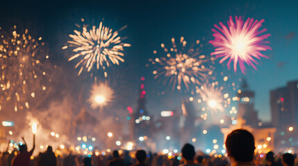 New Year Christmas party background featuring fireworks in the sky with soft focus effects, creating a festive atmosphere for New Year 2025 celebrations
