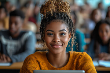 Empowered African Student Embracing Diversity in University Classroom, Smiling at Camera While Using Laptop.