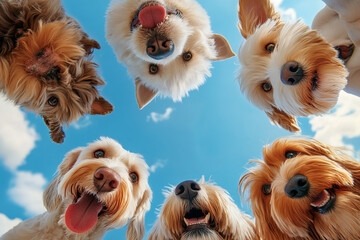 Photorealistic image of five happy, playful dogs looking down at the camera in a circular formation