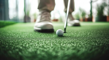 A golfer lines up a shot on the green, ready to tee off.