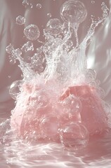 Fototapeta premium A strong splash of water and soap bubbles from the pastel pink bag. A dynamic composition of a gentle monochromatic color palette