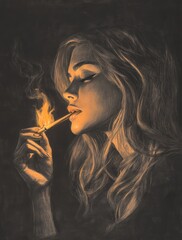 Fototapeta premium drawing of an attractive woman lighting up her cigarette, with the light glowing