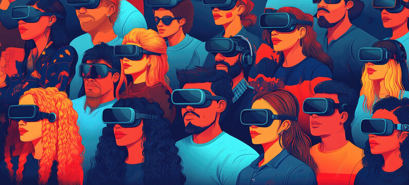 A crowd of people wearing virtual reality headsets experiences immersive technology in an energetic urban environment filled with anticipation