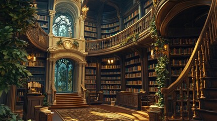 Obraz premium A grand, ornate library with bookshelves, a winding staircase, and a view of a lush forest through a window.