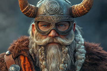 Norse warrior in authentic horned helmet: A realistic depiction of a Viking warrior in battle gear.