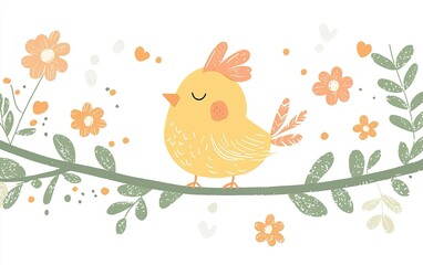 Fototapeta premium A cheerful yellow bird perched on a branch surrounded by blooming flowers in a whimsical spring setting