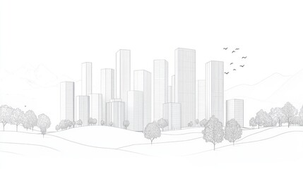 Fototapeta premium Outline illustration of a city skyline showcasing modern office buildings and urban architecture.