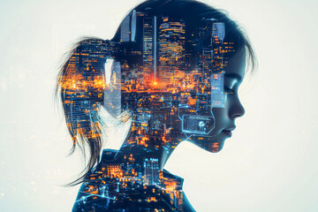 Tech-Infused Learning: A mesmerizing double exposure captures the evolution of education through the fusion of AI and student, symbolizing upscale transformative power.