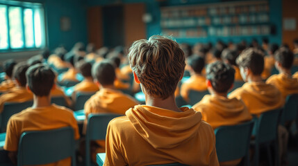 Fototapeta premium A group of students attentively follows along in their classroom, showcasing an atmosphere of focus and collective learning