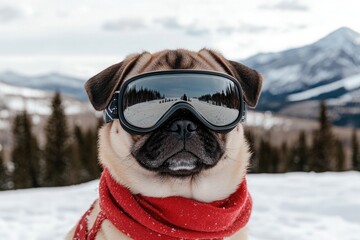 A pug dog wearing ski goggles and a bright red scarf enjoys a snowy setting, with beautiful snowy mountains and trees reflected in its glasses