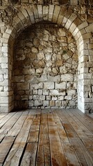 An empty room with a stone wall and wooden floor showcasing a sense of history and durability
