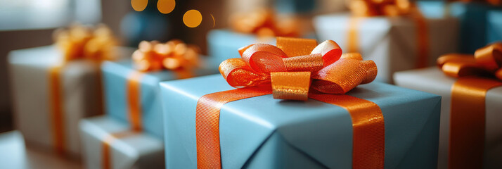 Beautifully wrapped gifts in blue and white with cheerful orange bows are arranged in a warm, inviting indoor atmosphere, ideal for celebrations