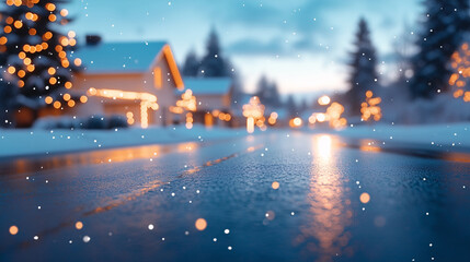 New Year 2025 festive background featuring bokeh blur effect of a snowy evening in a village, illuminated street lights creating a warm and inviting atmosphere in a cozy neighborhood