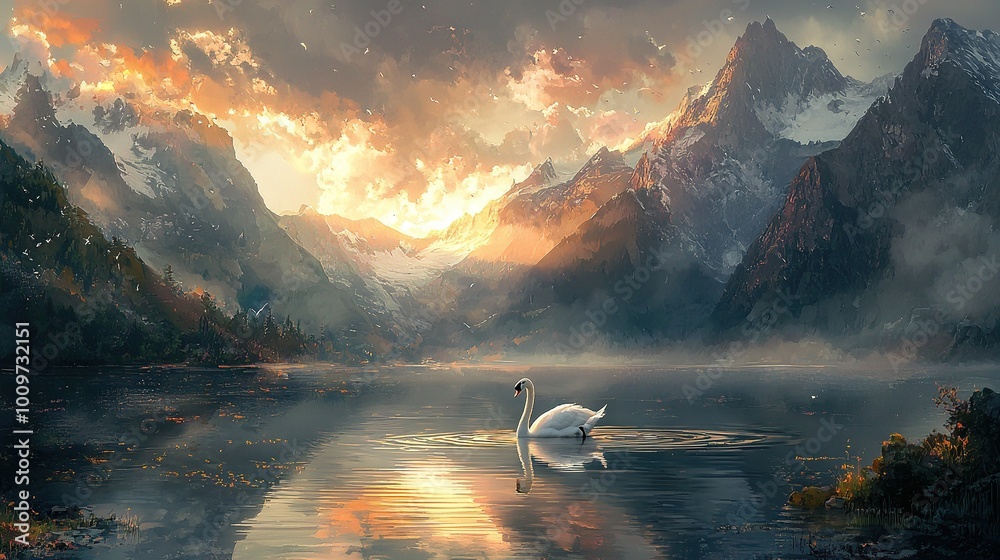 Wall mural a swan swimming in a lake against a backdrop of majestic mountains and billowy clouds