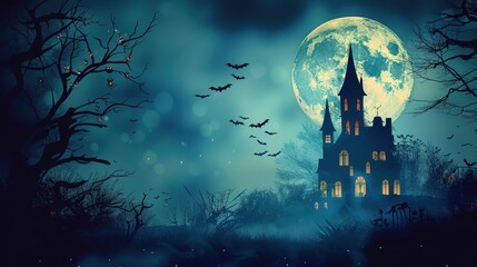 Fototapeta premium A spooky night scene with a haunted house glowing under a bright full moon bats flying across the sky and a leafless tree in the foreground