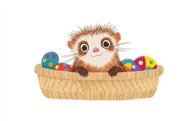 Naklejka premium A cheerful creature basks in a cozy basket filled with colorful eggs during a festive spring celebration