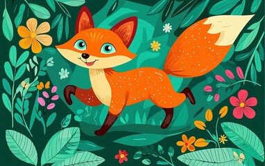 A playful orange fox frolics through vibrant flowers and lush greenery in a whimsical forest setting