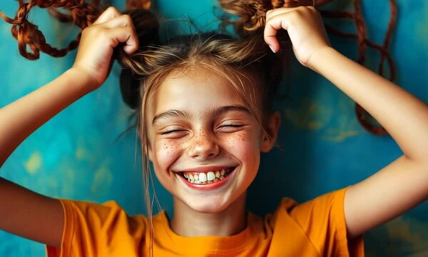 Creative trend collage of funny young girl toothy smile braids hair good mood weird freak bizarre unusual fantasy Video