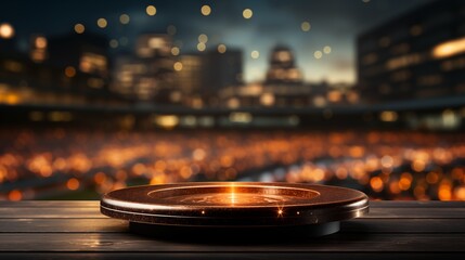 Obraz premium wooden table empty with a bokeh background of a stadium, Mockup for product display.