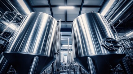 Obraz premium Two large cylindrical stainless steel brewing tanks in a modern production facility. The tanks are part of a large industrial setup