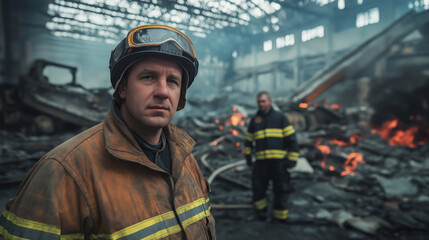 a firefighter wearing a helmet, with another fireman behind him at the scene inside a factory building that has been completely destroyed.