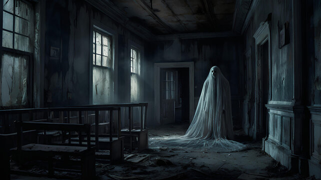 halloween old abandoned spooky house with creepy statue - gen ai