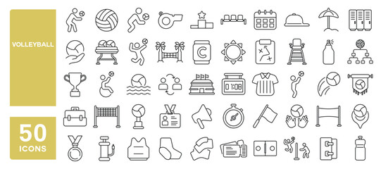 Set of 50 line icons related to volleyball, net, player, sand, court, game, competition, beach, exercise, jumping, Editable stroke. Vector illustration