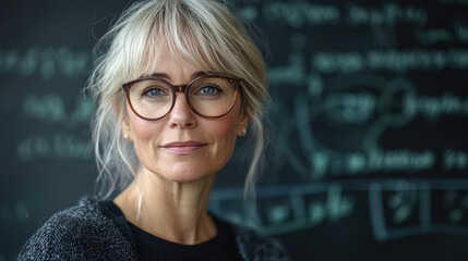 A woman with light blonde hair and glasses smiles warmly while standing before a blackboard covered with mathematical equations in a classroom