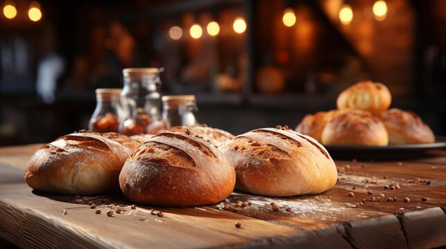 Wooden table top on blurred background of bakery for product display.