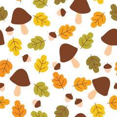 Autumn seamless pattern. Colorful background with mushrooms,fall leaves and acorns. Vector illustration. It can be used for wallpapers, wrapping, cards, patterns for clothes and other.